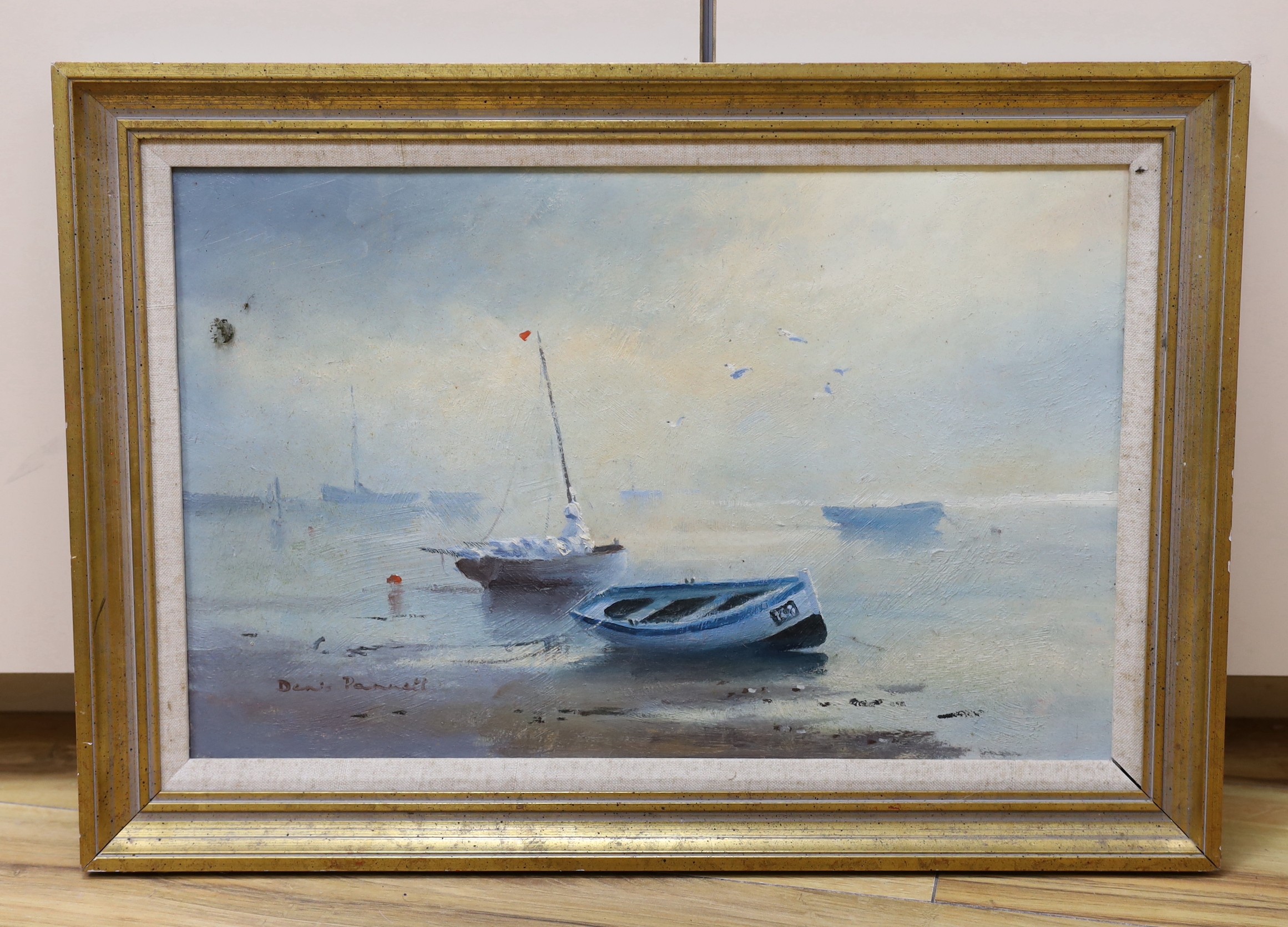 Denis Pannett (b.1939), oil on board, Fishing boats at low tide, signed, 30 x 46cm